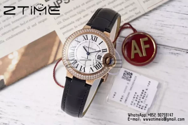 CARTIER Ballon Bleu 33mm RG AF 1:1 Best Edition Silver Dial Diamonds Bezel on Black Leather Strap SEIKO NH05A - Super Clone Watch | 1:1 Best Version