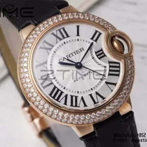 CARTIER Ballon Bleu 33mm RG AF 1:1 Best Edition Silver Dial Diamonds Bezel on Black Leather Strap SEIKO NH05A - Super Clone Watch | 1:1 Best Version