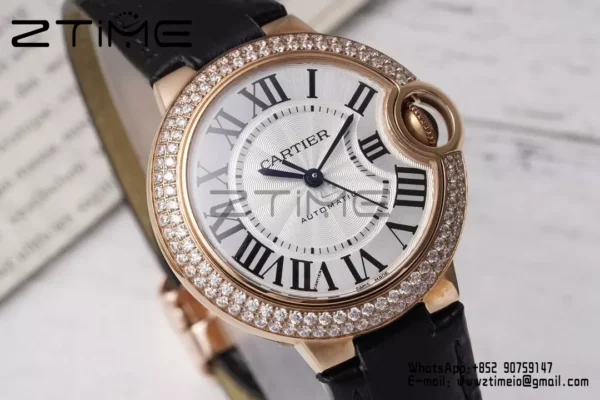 CARTIER Ballon Bleu 33mm RG AF 1:1 Best Edition Silver Dial Diamonds Bezel on Black Leather Strap SEIKO NH05A - Super Clone Watch | 1:1 Best Version