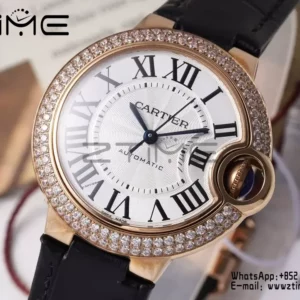 CARTIER Ballon Bleu 33mm RG AF 1:1 Best Edition Silver Dial Diamonds Bezel on Black Leather Strap SEIKO NH05A - Super Clone Watch | 1:1 Best Version