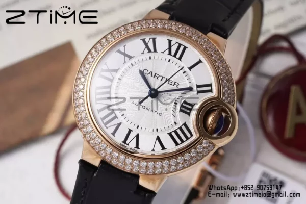 CARTIER Ballon Bleu 33mm RG AF 1:1 Best Edition Silver Dial Diamonds Bezel on Black Leather Strap SEIKO NH05A - Super Clone Watch | 1:1 Best Version