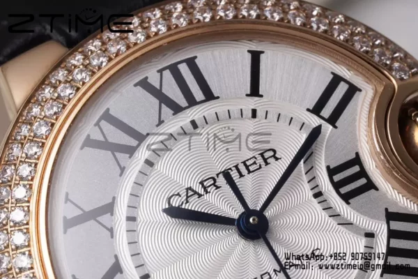CARTIER Ballon Bleu 33mm RG AF 1:1 Best Edition Silver Dial Diamonds Bezel on Black Leather Strap SEIKO NH05A - Super Clone Watch | 1:1 Best Version