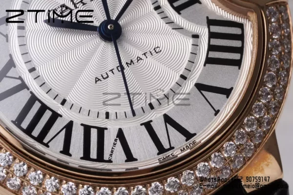 CARTIER Ballon Bleu 33mm RG AF 1:1 Best Edition Silver Dial Diamonds Bezel on Black Leather Strap SEIKO NH05A - Super Clone Watch | 1:1 Best Version