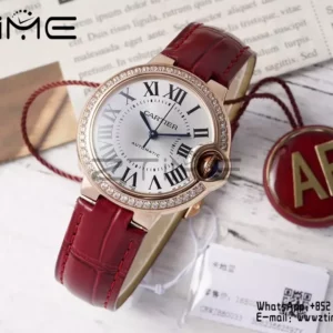 CARTIER Ballon Bleu 33mm RG AF 1:1 Best Edition Silver Dial Diamonds Bezel on Red Leather Strap SEIKO NH05A - Super Clone Watch | 1:1 Best Version