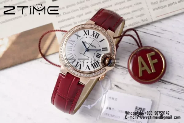 CARTIER Ballon Bleu 33mm RG AF 1:1 Best Edition Silver Dial Diamonds Bezel on Red Leather Strap SEIKO NH05A - Super Clone Watch | 1:1 Best Version