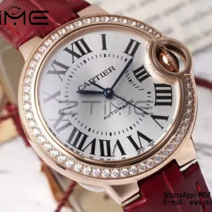 CARTIER Ballon Bleu 33mm RG AF 1:1 Best Edition Silver Dial Diamonds Bezel on Red Leather Strap SEIKO NH05A - Super Clone Watch | 1:1 Best Version