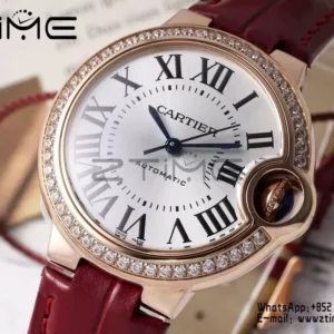 CARTIER Ballon Bleu 33mm RG AF 1:1 Best Edition Silver Dial Diamonds Bezel on Red Leather Strap SEIKO NH05A - Super Clone Watch | 1:1 Best Version