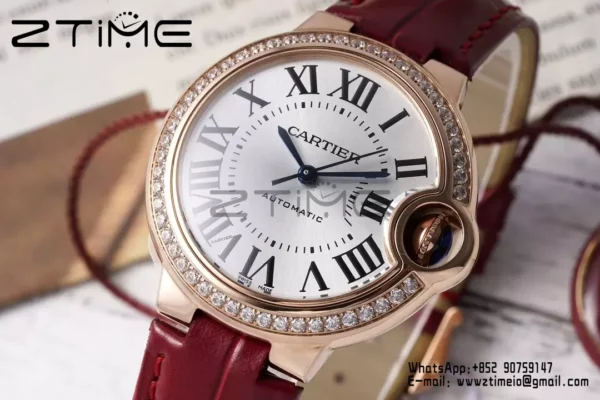 CARTIER Ballon Bleu 33mm RG AF 1:1 Best Edition Silver Dial Diamonds Bezel on Red Leather Strap SEIKO NH05A - Super Clone Watch | 1:1 Best Version