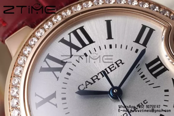 CARTIER Ballon Bleu 33mm RG AF 1:1 Best Edition Silver Dial Diamonds Bezel on Red Leather Strap SEIKO NH05A - Super Clone Watch | 1:1 Best Version