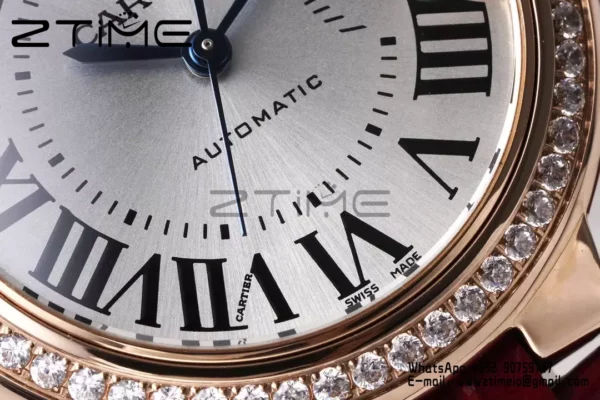 CARTIER Ballon Bleu 33mm RG AF 1:1 Best Edition Silver Dial Diamonds Bezel on Red Leather Strap SEIKO NH05A - Super Clone Watch | 1:1 Best Version