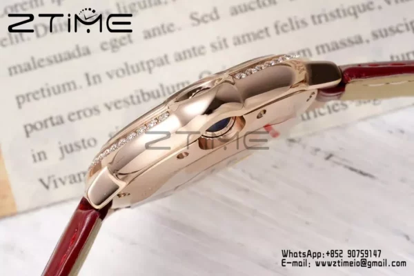 CARTIER Ballon Bleu 33mm RG AF 1:1 Best Edition Silver Dial Diamonds Bezel on Red Leather Strap SEIKO NH05A - Super Clone Watch | 1:1 Best Version