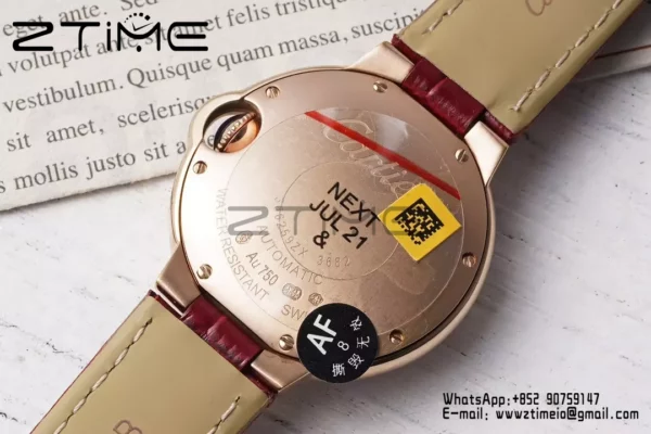 CARTIER Ballon Bleu 33mm RG AF 1:1 Best Edition Silver Dial Diamonds Bezel on Red Leather Strap SEIKO NH05A - Super Clone Watch | 1:1 Best Version