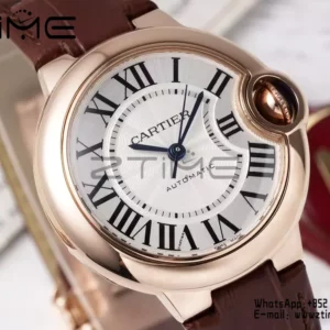 CARTIER Ballon Bleu 33mm RG AF 1:1 Best Edition Ασημί καντράν σε καφέ δερμάτινο λουράκι SEIKO NH05A - Super Clone Watch | 1:1 Best Version