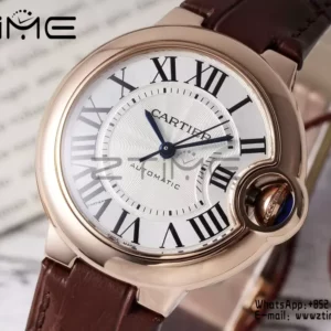 CARTIER Ballon Bleu 33mm RG AF 1:1 Best Edition Ασημί καντράν σε καφέ δερμάτινο λουράκι SEIKO NH05A - Super Clone Watch | 1:1 Best Version