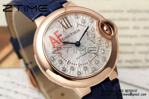 CARTIER Ballon Bleu 33mm RG AF 1:1 Best Edition Silver Textured Diamonds Dial  SEIKO NH05A - Super Clone Watch | 1:1 Best Version