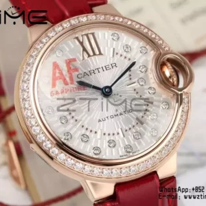 CARTIER Ballon Bleu 33mm RG AF 1:1 Best Edition Silver Textured Diamonds Dial on Red Leather Strap SEIKO NH05A - Super Clone Watch | 1:1 Best Version