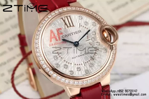 CARTIER Ballon Bleu 33mm RG AF 1:1 Best Edition Silver Textured Diamonds Dial on Red Leather Strap SEIKO NH05A - Super Clone Watch | 1:1 Best Version