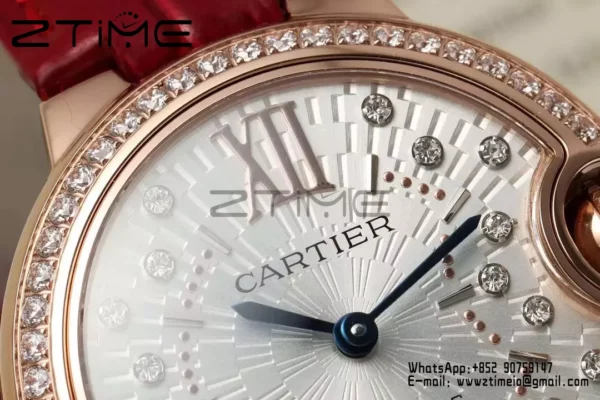 CARTIER Ballon Bleu 33mm RG AF 1:1 Best Edition Silver Textured Diamonds Dial on Red Leather Strap SEIKO NH05A - Super Clone Watch | 1:1 Best Version