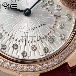 CARTIER Ballon Bleu 33mm RG AF 1:1 Best Edition Silver Textured Diamonds Dial on Red Leather Strap SEIKO NH05A - Super Clone Watch | 1:1 Best Version