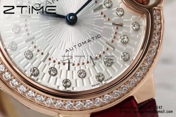 CARTIER Ballon Bleu 33mm RG AF 1:1 Best Edition Silver Textured Diamonds Dial on Red Leather Strap SEIKO NH05A - Super Clone Watch | 1:1 Best Version