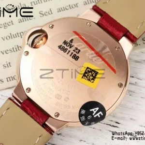 CARTIER Ballon Bleu 33mm RG AF 1:1 Best Edition Silver Textured Diamonds Dial on Red Leather Strap SEIKO NH05A - Super Clone Watch | 1:1 Best Version