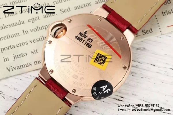 CARTIER Ballon Bleu 33mm RG AF 1:1 Best Edition Silver Textured Diamonds Dial on Red Leather Strap SEIKO NH05A - Super Clone Watch | 1:1 Best Version