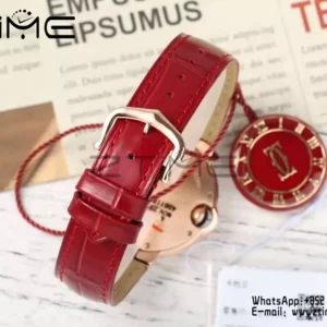 CARTIER Ballon Bleu 33mm RG AF 1:1 Best Edition Silver Textured Diamonds Dial on Red Leather Strap SEIKO NH05A - Super Clone Watch | 1:1 Best Version