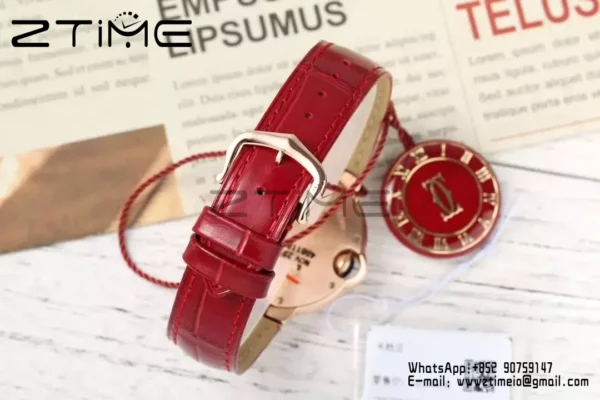 CARTIER Ballon Bleu 33mm RG AF 1:1 Best Edition Silver Textured Diamonds Dial on Red Leather Strap SEIKO NH05A - Super Clone Watch | 1:1 Best Version