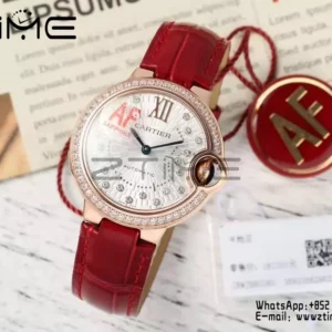 CARTIER Ballon Bleu 33mm RG AF 1:1 Best Edition Silver Textured Diamonds Dial on Red Leather Strap SEIKO NH05A - Super Clone Watch | 1:1 Best Version