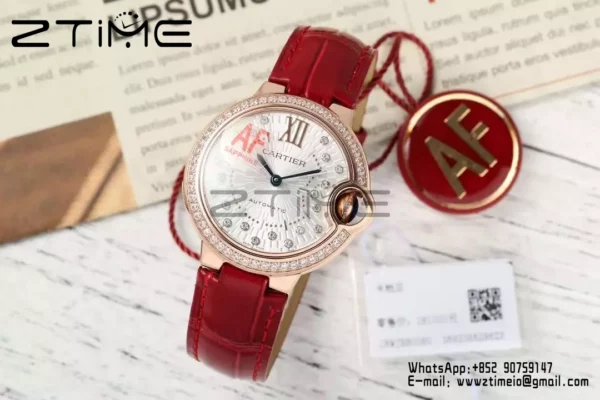 CARTIER Ballon Bleu 33mm RG AF 1:1 Best Edition Silver Textured Diamonds Dial on Red Leather Strap SEIKO NH05A - Super Clone Watch | 1:1 Best Version