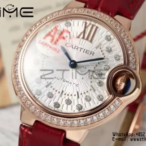CARTIER Ballon Bleu 33mm RG AF 1:1 Best Edition Silver Textured Diamonds Dial on Red Leather Strap SEIKO NH05A - Super Clone Watch | 1:1 Best Version