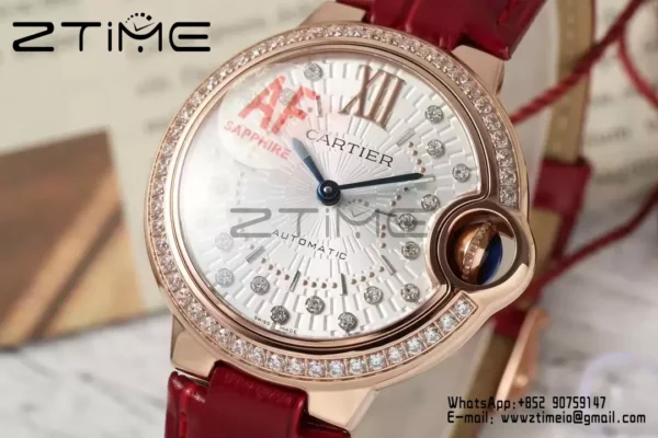 CARTIER Ballon Bleu 33mm RG AF 1:1 Best Edition Silver Textured Diamonds Dial on Red Leather Strap SEIKO NH05A - Super Clone Watch | 1:1 Best Version