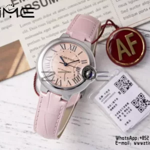 CARTIER Ballon Bleu 33mm SS AF 1:1 Best Edition Pink Dial on Pink Leather Strap SEIKO NH05A - Super Clone Watch | 1:1 Best Version