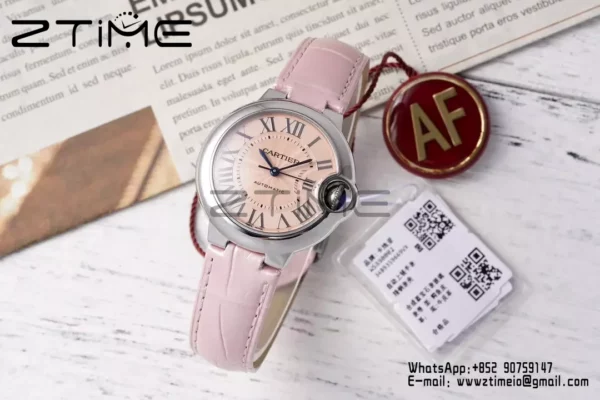 CARTIER Ballon Bleu 33mm SS AF 1:1 Best Edition Pink Dial on Pink Leather Strap SEIKO NH05A - Super Clone Watch | 1:1 Best Version