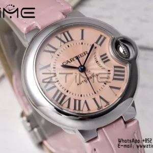 CARTIER Ballon Bleu 33mm SS AF 1:1 Best Edition Pink Dial on Pink Leather Strap SEIKO NH05A - Super Clone Watch | 1:1 Best Version