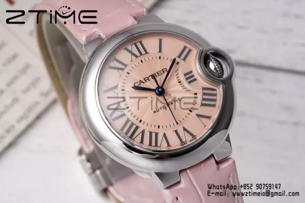 CARTIER Ballon Bleu 33mm SS AF 1:1 Best Edition Pink Dial on Pink Leather Strap SEIKO NH05A - Super Clone Watch | 1:1 Best Version