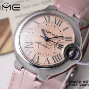 CARTIER Ballon Bleu 33mm SS AF 1:1 Best Edition Pink Dial on Pink Leather Strap SEIKO NH05A - Super Clone Watch | 1:1 Best Version