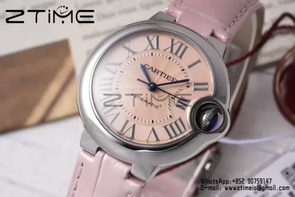 CARTIER Ballon Bleu 33mm SS AF 1:1 Best Edition Pink Dial on Pink Leather Strap SEIKO NH05A - Super Clone Watch | 1:1 Best Version