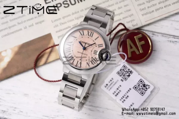 カルティエ バロンブルー 33mm SS AF 1:1 ベストエディション ピンクダイアル SSブレスレット セイコー NH05A - スーパークローンウォッチ｜1:1 ベストバージョン
