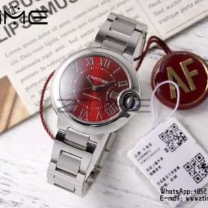 CARTIER Ballon Bleu 33mm SS AF 1:1 Best Edition Red Dial on SS Bracelet SEIKO NH05A - Super Clone Watch | 1:1 Best Version