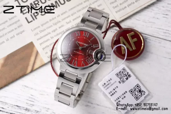 CARTIER Ballon Bleu 33mm SS AF 1:1 Best Edition Red Dial on SS Bracelet SEIKO NH05A - Super Clone Watch | 1:1 Best Version
