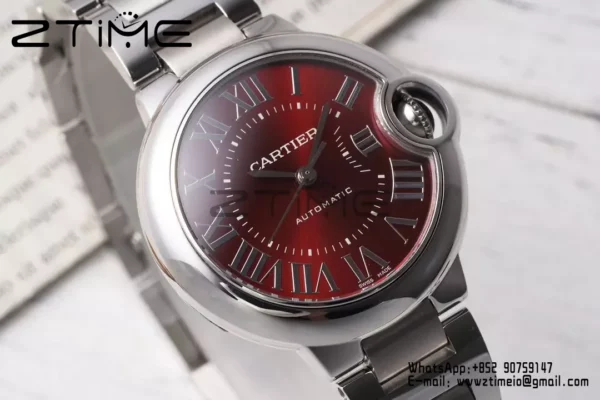 CARTIER Ballon Bleu 33mm SS AF 1:1 Best Edition Red Dial on SS Bracelet SEIKO NH05A - Super Clone Watch | 1:1 Best Version