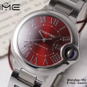 CARTIER Ballon Bleu 33mm SS AF 1:1 Best Edition Red Dial on SS Bracelet SEIKO NH05A - Super Clone Watch | 1:1 Best Version