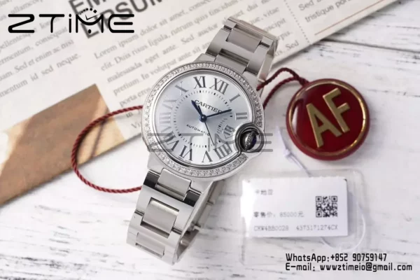 CARTIER Ballon Bleu 33mm SS AF 1:1 Best Edition Silver Dial Diamonds Bezel on SS Bracelet SEIKO NH05A - Super Clone Watch | 1:1 Best Version