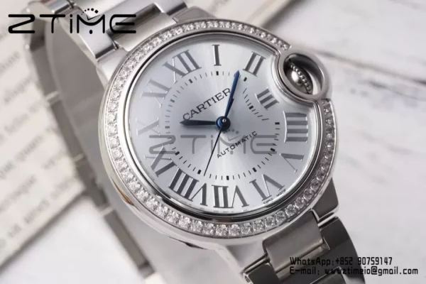CARTIER Ballon Bleu 33mm SS AF 1:1 Best Edition Silver Dial Diamonds Bezel on SS Bracelet SEIKO NH05A - Super Clone Watch | 1:1 Best Version