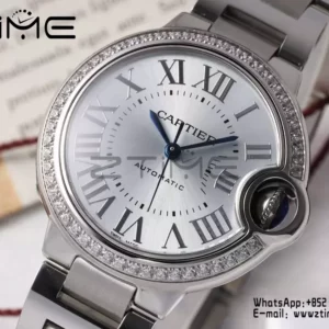CARTIER Ballon Bleu 33mm SS AF 1:1 Best Edition Silver Dial Diamonds Bezel on SS Bracelet SEIKO NH05A - Super Clone Watch | 1:1 Best Version