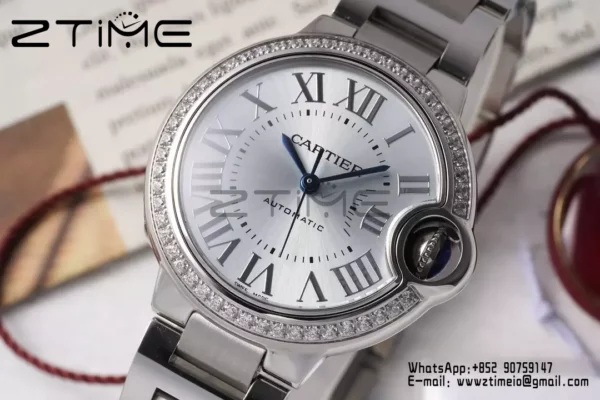 CARTIER Ballon Bleu 33mm SS AF 1:1 Best Edition Silver Dial Diamonds Bezel on SS Bracelet SEIKO NH05A - Super Clone Watch | 1:1 Best Version