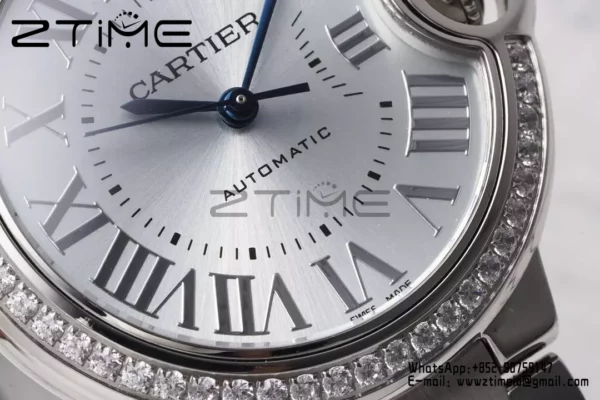 CARTIER Ballon Bleu 33mm SS AF 1:1 Best Edition Silver Dial Diamonds Bezel on SS Bracelet SEIKO NH05A - Super Clone Watch | 1:1 Best Version