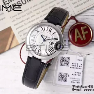 CARTIER Ballon Bleu 33mm SS AF 1:1 Best Edition Silver Dial on Black Leather Strap SEIKO NH05A - Super Clone Watch | 1:1 Best Version