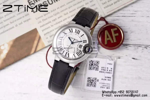 CARTIER Ballon Bleu 33mm SS AF 1:1 Best Edition Silver Dial on Black Leather Strap SEIKO NH05A - Super Clone Watch | 1:1 Best Version